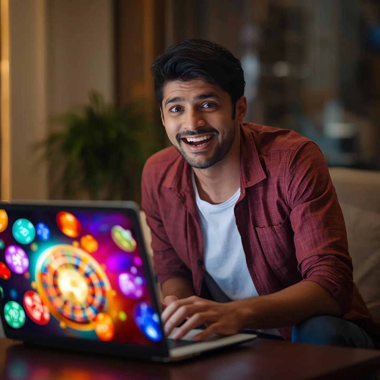 Happy couple using N8 Gaming App on laptop - Entertainment platform experience